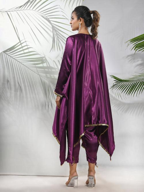 Purple Solid Satin Kaftan & Straight Pant Set With Sequins