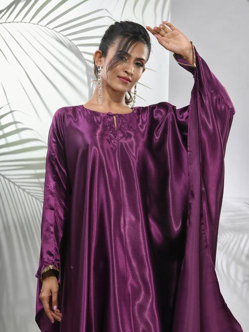 Purple Solid Satin Kaftan & Straight Pant Set With Sequins