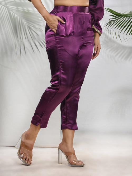 Purple Solid Satin Kaftan & Straight Pant Set With Sequins