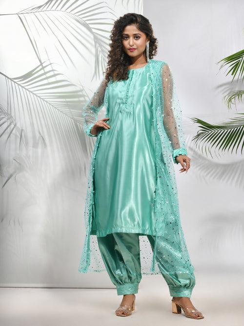 Mint Green Satin Kurta Set With Net Jacket