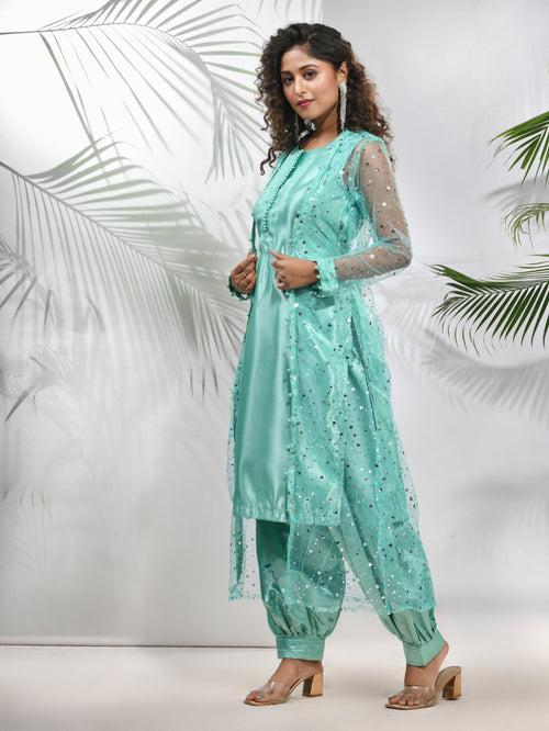 Mint Green Satin Kurta Set With Net Jacket