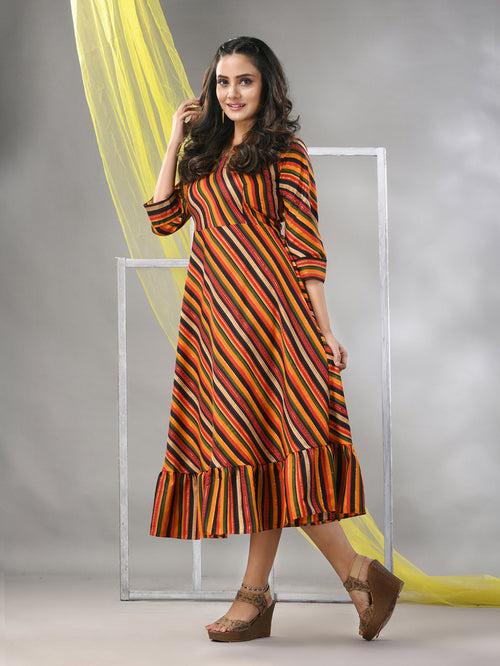 Multicolor Cotton Blend Stripe Printed Flared Ethnic Dress