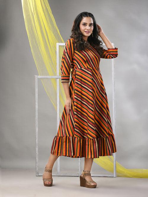 Multicolor Cotton Blend Stripe Printed Flared Ethnic Dress