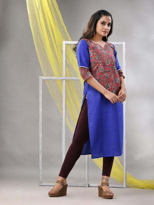 Blue Cotton Ajrak Printed Straight Kurta