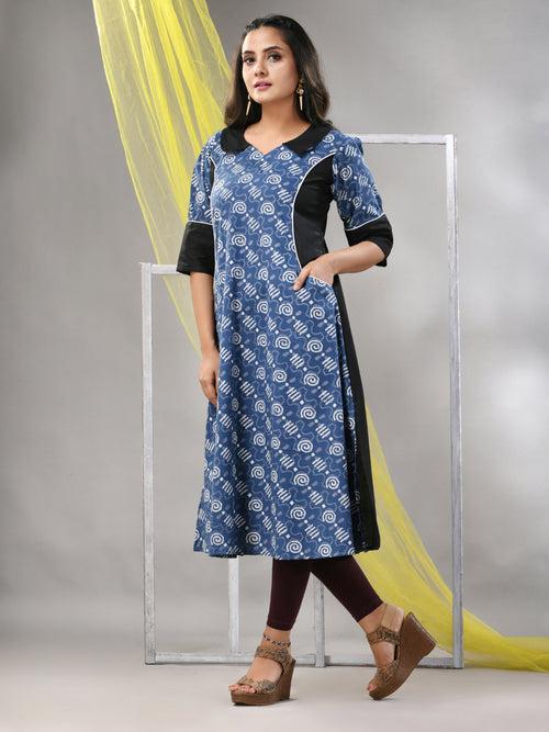 Sapphire Blue Cotton Printed A-line Kurta