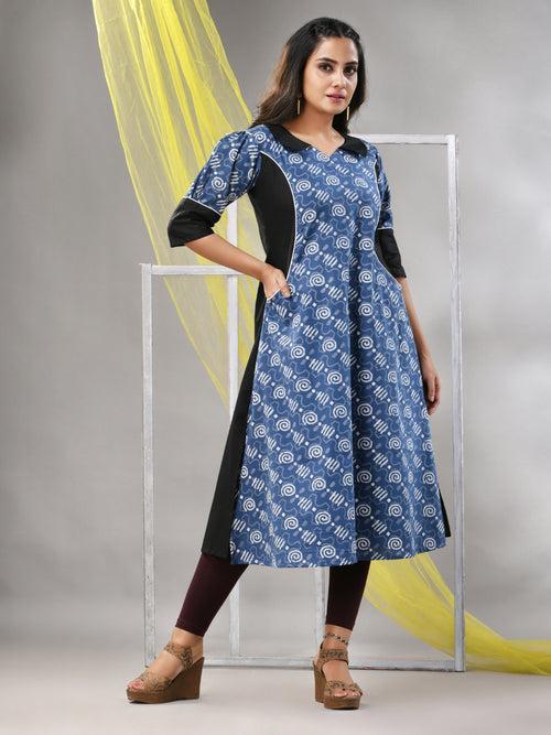 Sapphire Blue Cotton Printed A-line Kurta