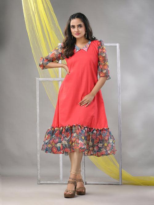 Peach Cotton Solid A-line Ethnic Dress With Ruffle