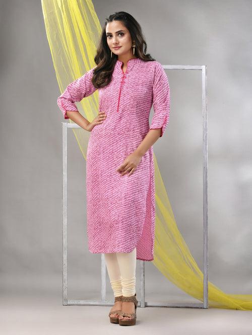 Pink Rayon Leheriya Printed Straight Kurta