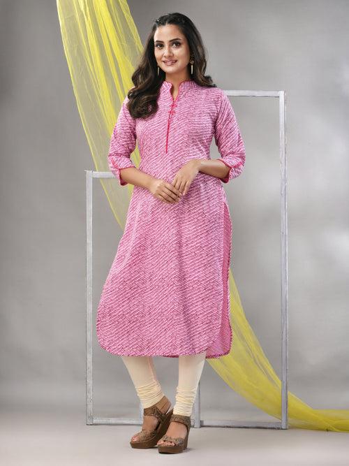 Pink Rayon Leheriya Printed Straight Kurta