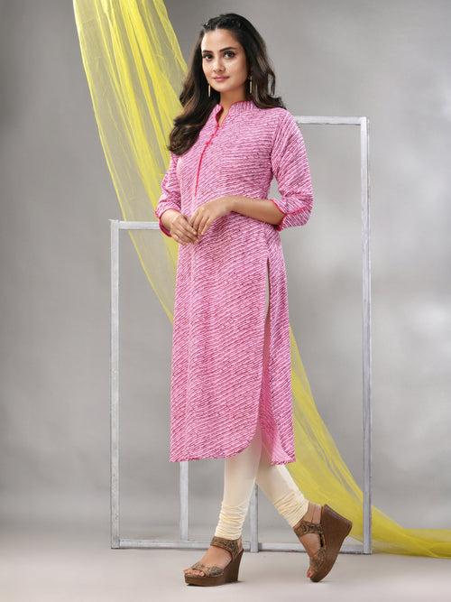 Pink Rayon Leheriya Printed Straight Kurta