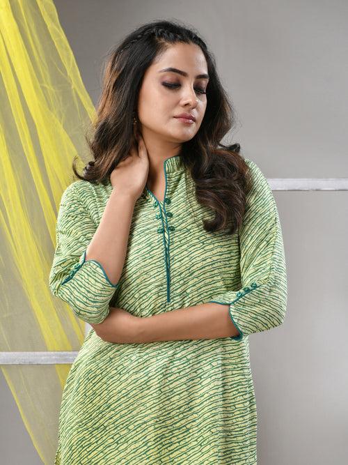 Green Rayon Leheriya Printed Straight Kurta