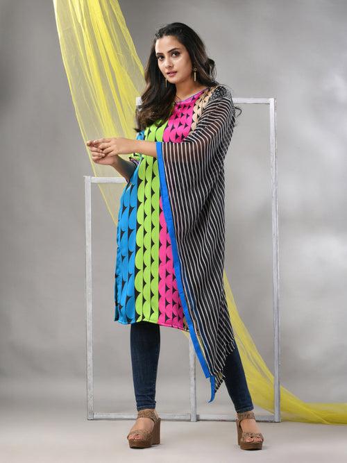 Multicolor Printed Satin Asymmetrical Straight Kurta