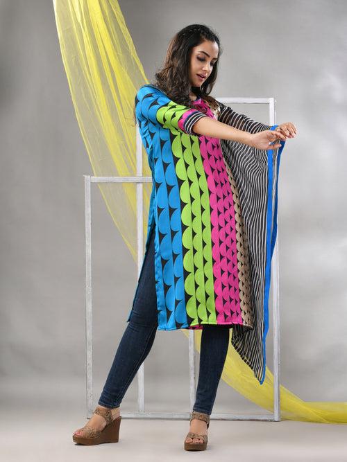 Multicolor Printed Satin Asymmetrical Straight Kurta