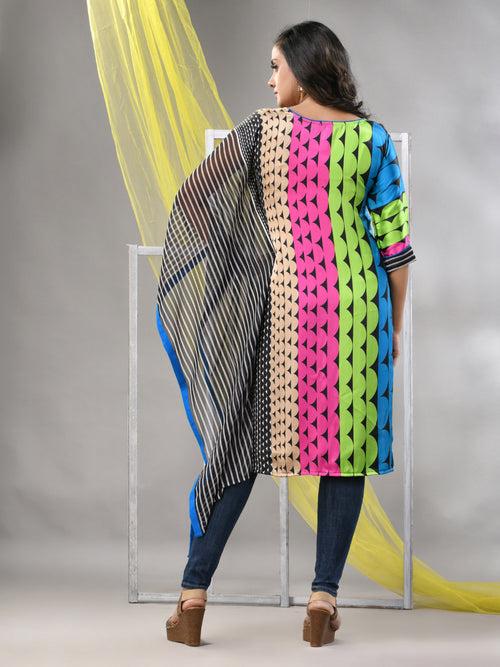 Multicolor Printed Satin Asymmetrical Straight Kurta