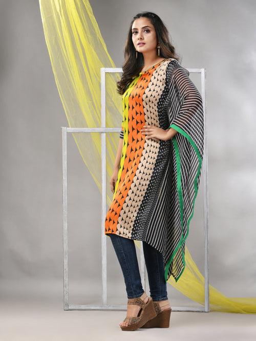 Multicolor Printed Satin Asymmetrical Straight Kurta