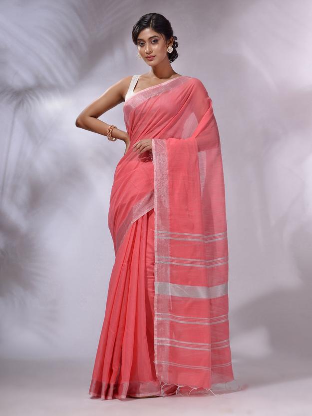 Flamingo Pink Cotton Silk Handwoven Saree With Zari Woven Stripes Pallu (Copy)