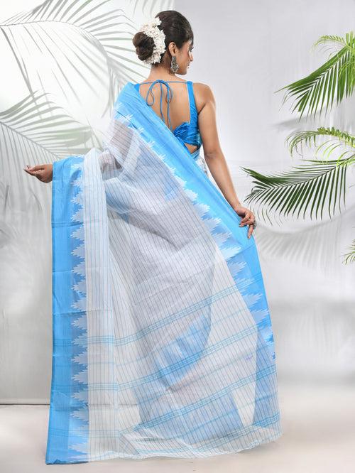 White Pure Cotton Taant Saree With Temple Border