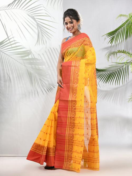 Yellow Pure Cotton Taant Saree With Woven Designs