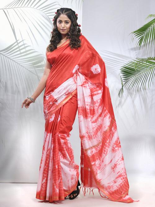 Red And White Shibori Printed Silk Saree