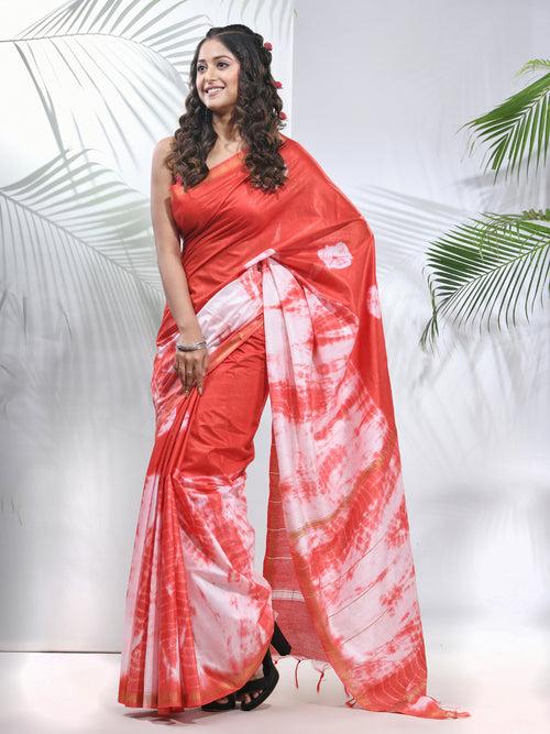 Red And White Shibori Printed Silk Saree