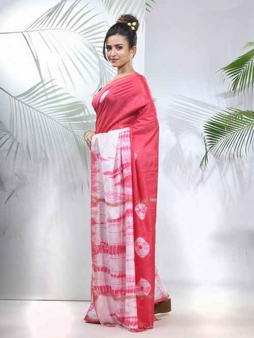 Pink And White Shibori Printed Silk Saree