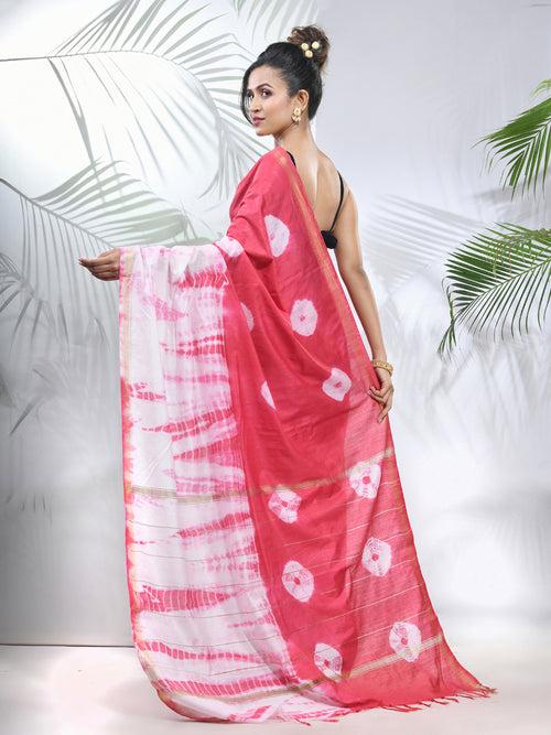 Pink And White Shibori Printed Silk Saree