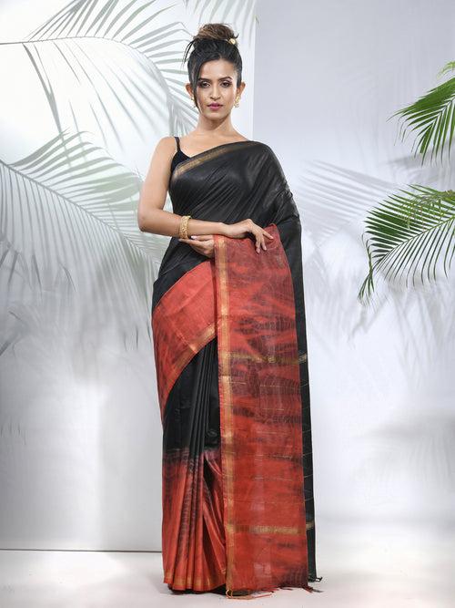 Black And Rust Shibori Printed Silk Saree