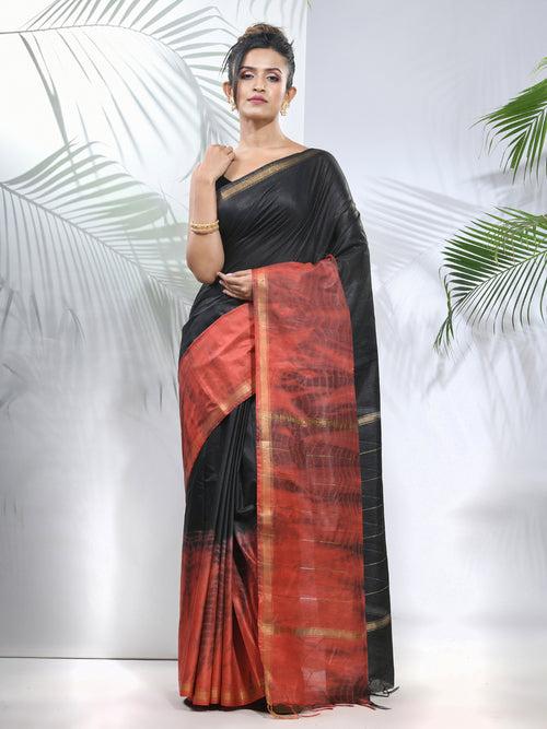 Black And Rust Shibori Printed Silk Saree