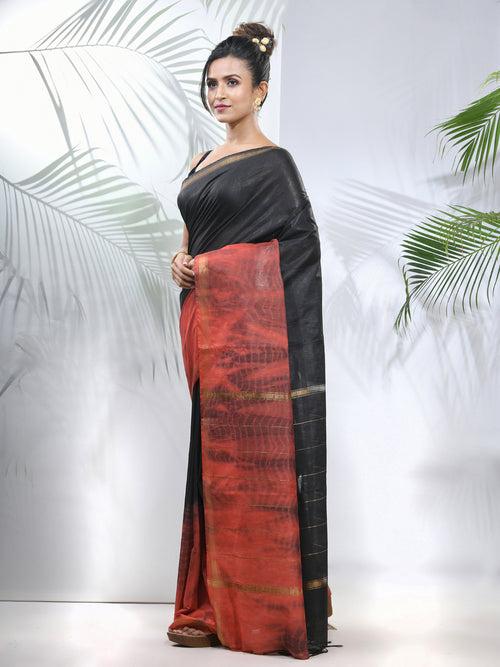 Black And Rust Shibori Printed Silk Saree