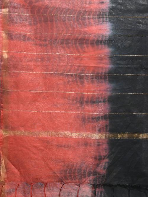 Black And Rust Shibori Printed Silk Saree