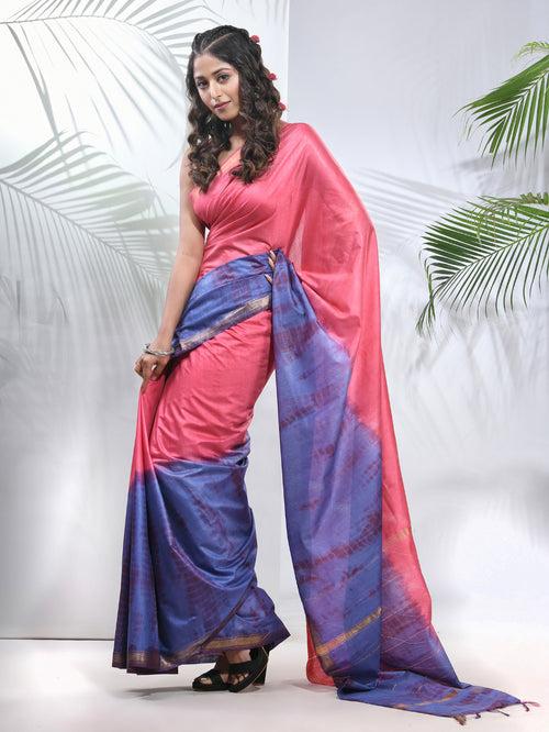 Salmon Pink And Aegean Blue Shibori Printed Silk Saree