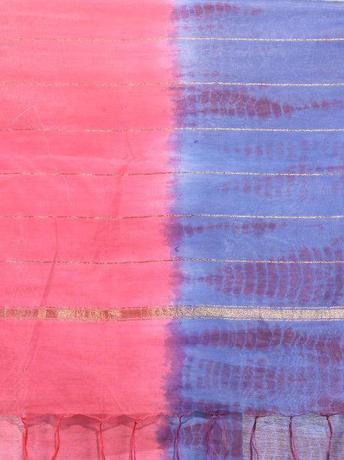 Salmon Pink And Aegean Blue Shibori Printed Silk Saree