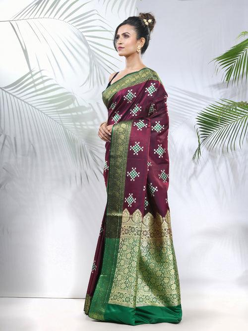 Purple Embroidered Motifs Silk Saree With Zari Borders