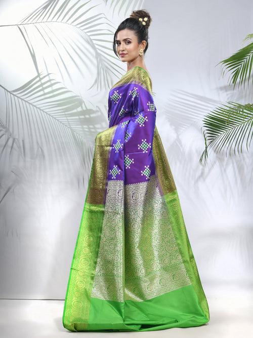 Violet Embroidered Motifs Silk Saree With Zari Borders