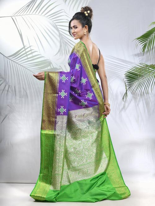 Violet Embroidered Motifs Silk Saree With Zari Borders