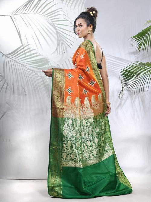 Orange Embroidered Motifs Silk Saree With Zari Borders