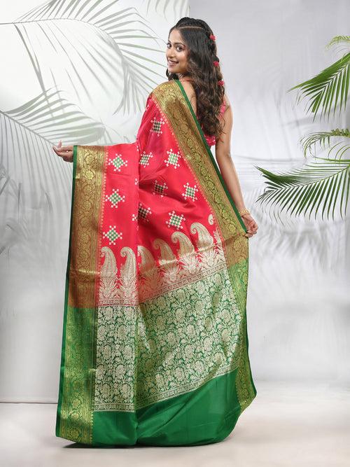 Rani Pink Embroidered Motifs Silk Saree With Zari Borders