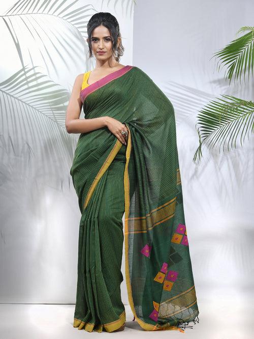 Green Cotton Saree With Stripes Pattern