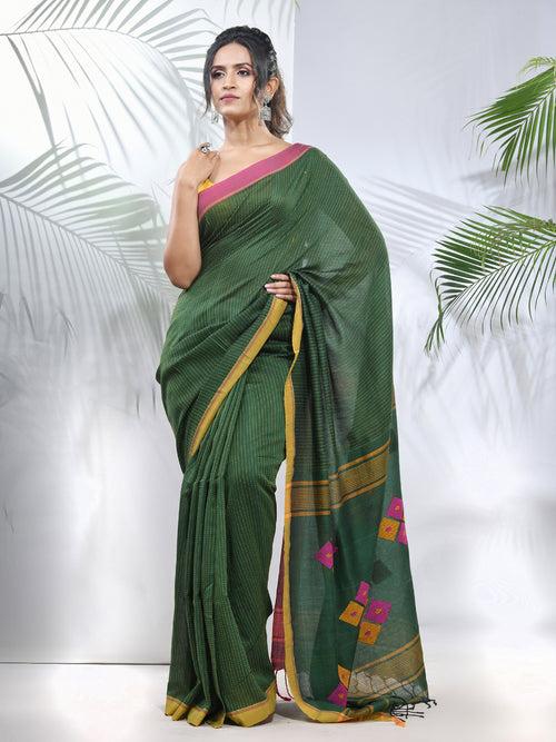 Green Cotton Saree With Stripes Pattern