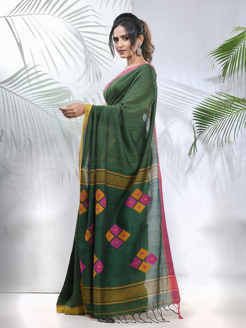 Green Cotton Saree With Stripes Pattern