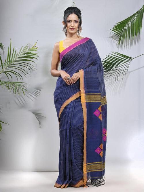 Blue Cotton Saree With Stripes Pattern