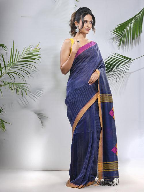 Blue Cotton Saree With Stripes Pattern