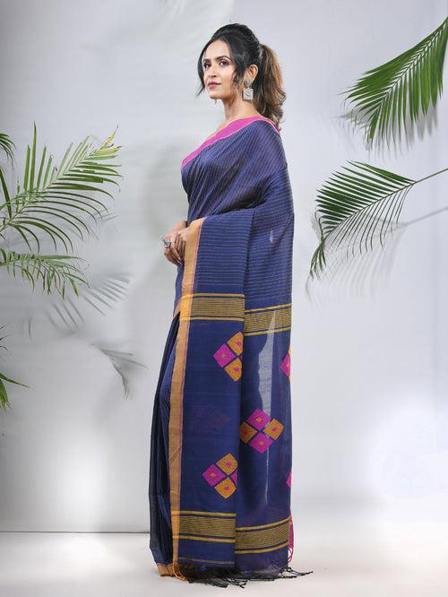 Blue Cotton Saree With Stripes Pattern