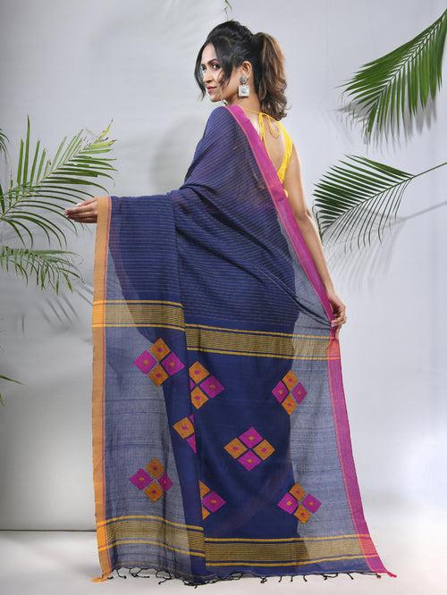 Blue Cotton Saree With Stripes Pattern