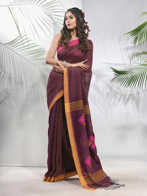 Brown Cotton Saree With Stripes Pattern