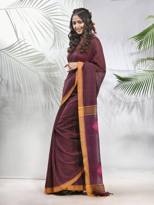 Brown Cotton Saree With Stripes Pattern