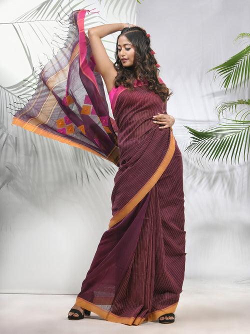 Brown Cotton Saree With Stripes Pattern