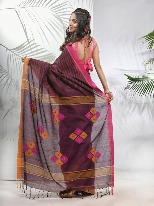 Brown Cotton Saree With Stripes Pattern