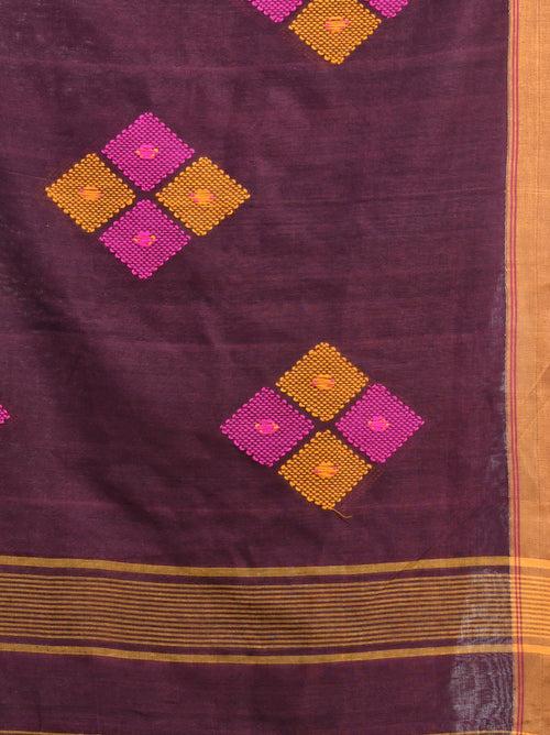 Brown Cotton Saree With Stripes Pattern