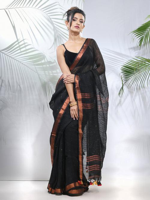 Black Linen Saree With Sequined Work In Stripes